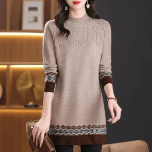 2025 Autunno Inverno Nuovo maglione lungo Donna Allentato Manica lunga Top Pullover Vestiti Casual Patchwork Maglioni Abiti Femmes 1
