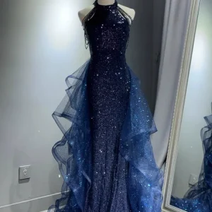Abiti da sera eleganti blu navy scintillanti Halt Abito da festa con perline Abito da ballo personalizzato 2025 Abiti da sera a strati Sweep Train 1