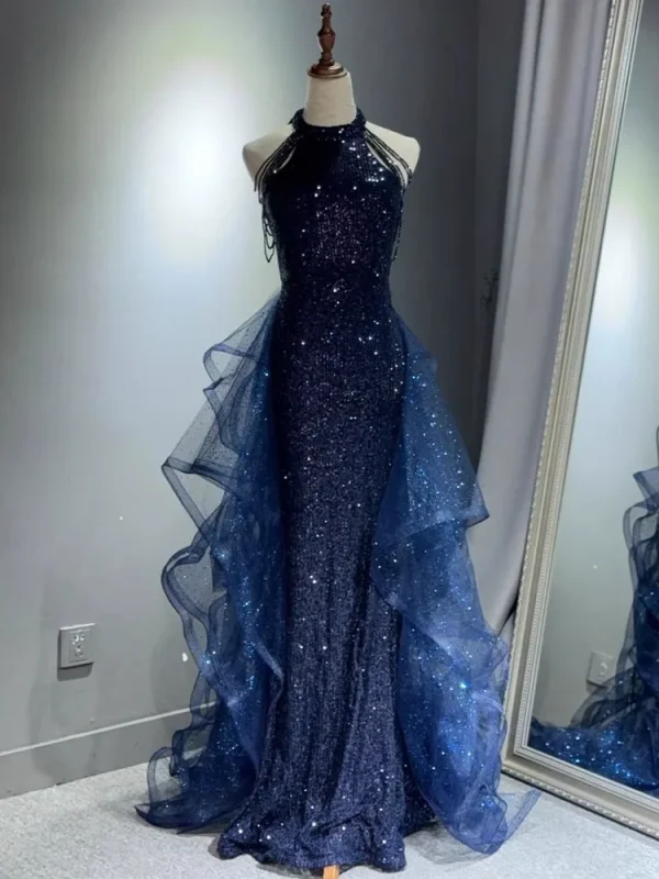 Abiti da sera eleganti blu navy scintillanti Halt Abito da festa con perline Abito da ballo personalizzato 2025 Abiti da sera a strati Sweep Train 1