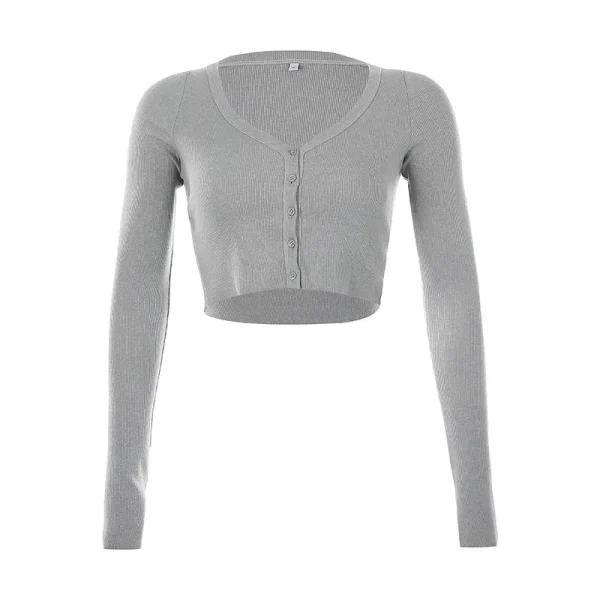 Maglietta lavorata a maglia nera con scollo a v manica lunga Crop Top donna Y2k vestiti primavera autunno Streetwear bottone Sexy maglietta corta donna 2024 5