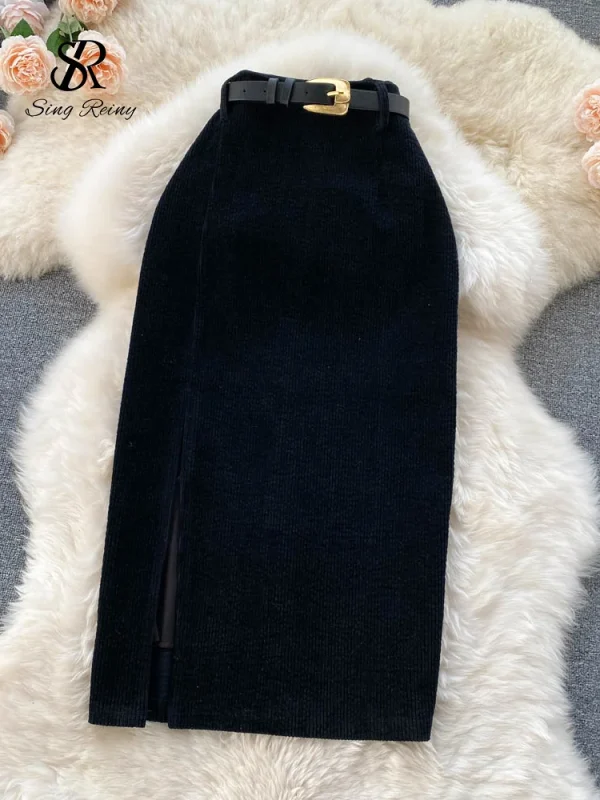 SINGREINY Donne Coreano Split Gonna Lunga Sexy 2024 Velluto A Coste di Inverno Sottile di Spessore Streetwear Moda Vintage Autunno Gonna Aderente 4