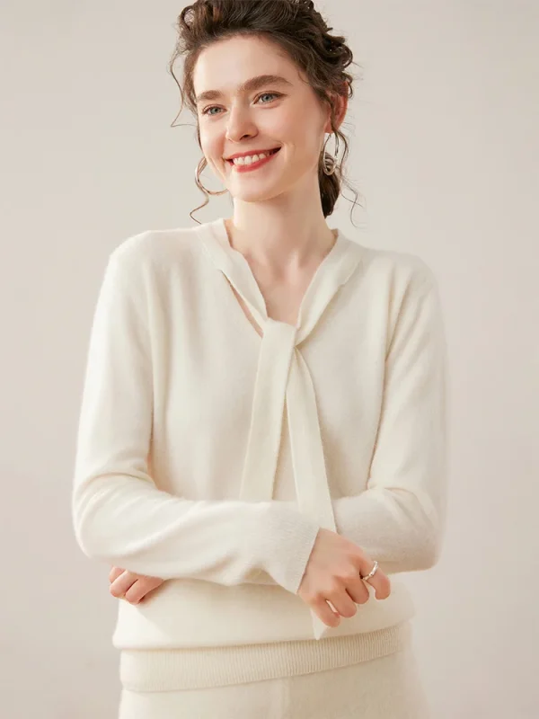 Maglione da donna elegante 100% maglione di cashmere pullover vestiti sciarpa colletto nastro stile dolce maglia autunno inverno top a maniche lunghe 3