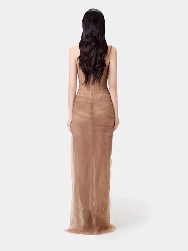 Elegante abito avvolgente in rete sul petto Abito primaverile da donna senza maniche con cinturino senza schienale Abito estivo a canotta lunga senza spalline a vita alta 2