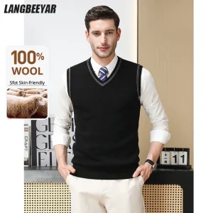 Di fascia alta 100% lana Nuovo autunno inverno marchio di moda maglia pullover maglione gilet slim fit scollo a V senza maniche abbigliamento casual da uomo 1
