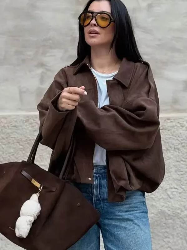 HH Nuove Donne Autunno Causale Allentato Pelle Scamosciata Texture Giubbotti Maniche Lunghe Solido Risvolto Cerniera Fly Cappotto Femminile di Moda di Strada Cappotti 2