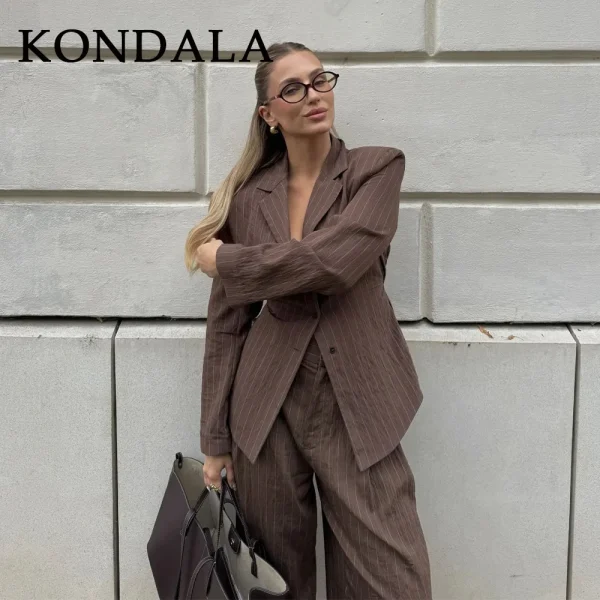 KONDALA 2025 Autunno Inverno A righe Office Lady Abiti Moda Elegante Marrone Telai Allentati monopetto Blazer Chic Pantaloni a gamba larga 4