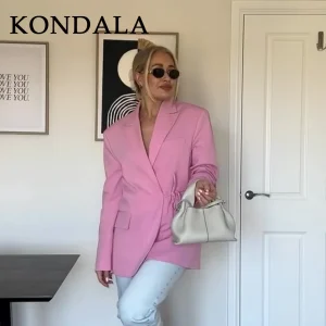 KONDALA 2025 Autunno Inverno Office Lady Blazer eleganti Moda Casual Solid Pink Lace Up Coprispalle Dritto Chic Blazer da donna 1