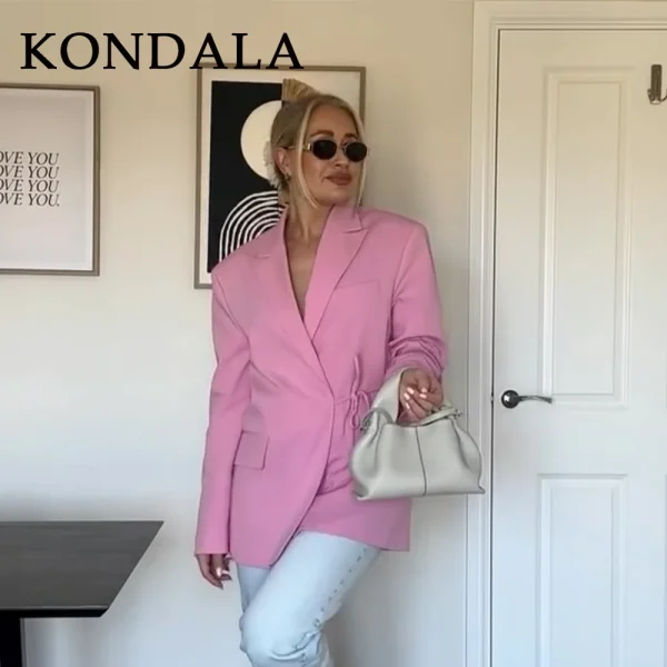 KONDALA 2025 Autunno Inverno Office Lady Blazer eleganti Moda Casual Solid Pink Lace Up Coprispalle Dritto Chic Blazer da donna 1