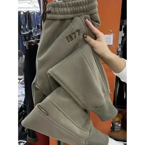 Pantaloni casual da donna con fodera in pile con coulisse, pantaloni sportivi stile harem ricamati 2