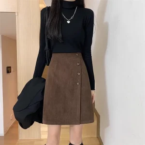 Gonna a trapezio vintage in velluto a coste con cerniera a vita alta Autunno Inverno Slim Solid All-match Mezza gonna coreana Tendenza Moda Abbigliamento donna 1
