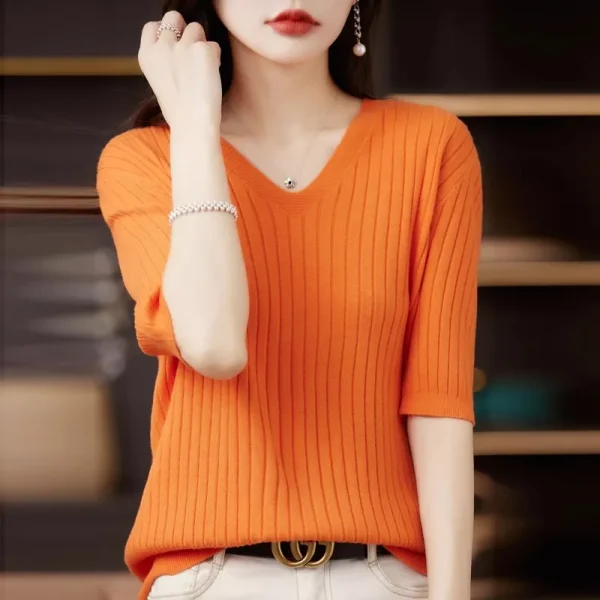 Maglione da donna Primavera Estate Manica corta Camicia in maglia con scollo a V Pullover coreani casual Camicia con fondo a righe Maglioni slim fit 2