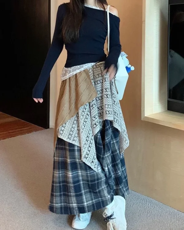 Gonne lunghe scozzesi vintage di design Donna stile coreano Gonna irregolare a vita alta allentata Casual Streetwear Gonna Y2k patchwork retrò 3