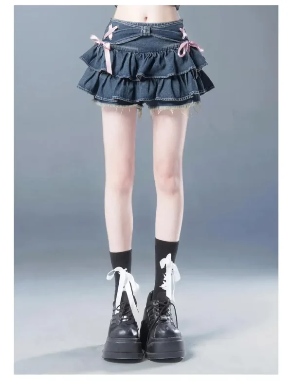 New Fashion Women Hot Girl Sweet Kawaii Bow Vintage Y2k Clothes American Streetwear Sexy Summer a-line Gothic Mini Denim gonne 5