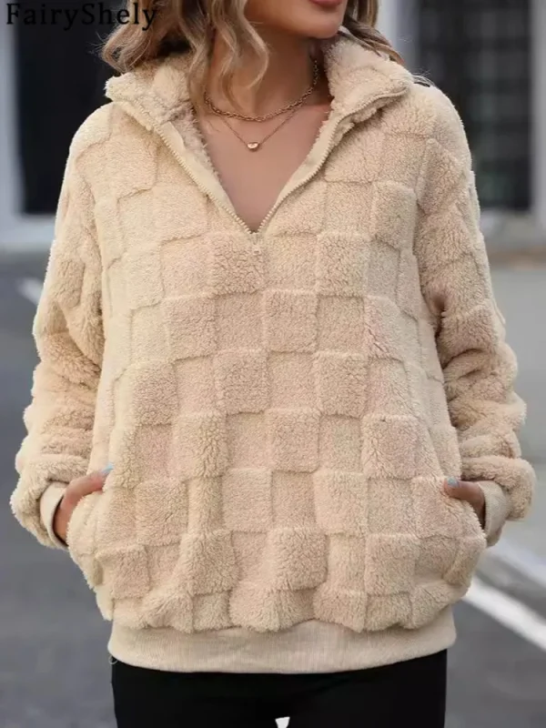 Fairyshely 2025 Autunno Collo alto Donna Felpe con cappuccio Inverno Manica lunga Cerniera Felpa calda Casual Lady Allentato Peluche Pullover Top 3