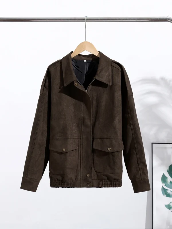 Giacca corta in pelle scamosciata vintage da donna Casual versatile colletto rovesciato cappotti con cerniera 2025 Capispalla autunno inverno moda High Street 4
