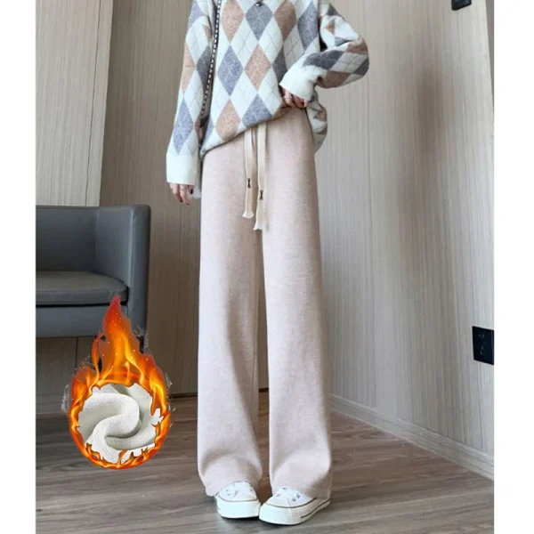 Pantaloni in pile a vita alta da donna invernale Pantaloni termici caldi a gamba dritta Pantaloni classici con coulisse solidi femminili 3