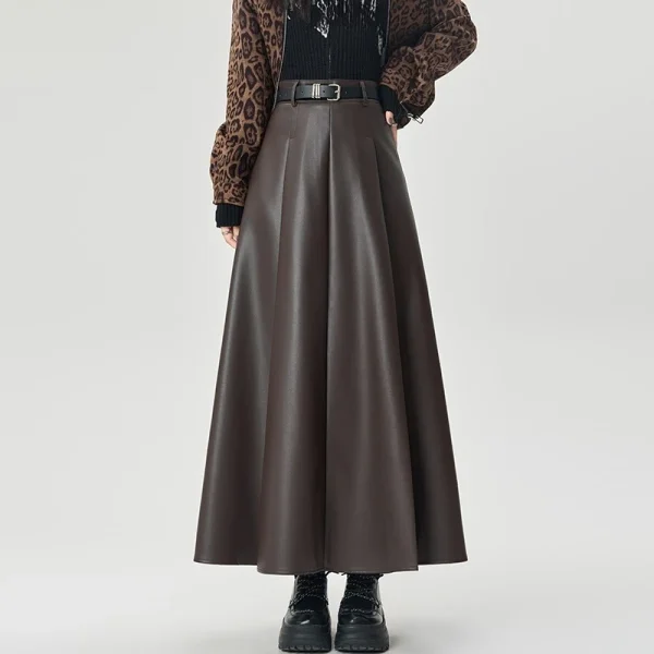 Gonna lunga ombrello da donna in pelle PU nera a vita alta autunno inverno con cintura 2025 nuove gonne a trapezio dritte vintage femminili 5