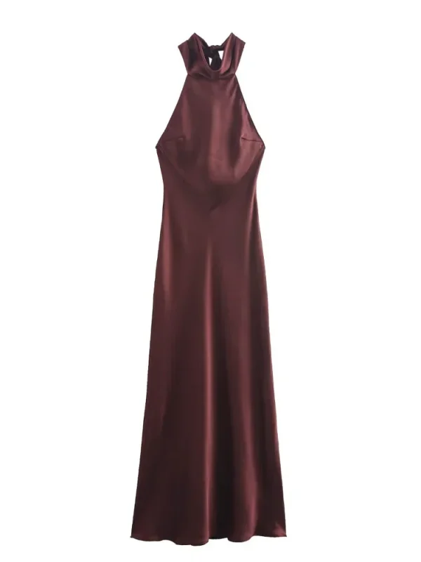 Elegante abito lungo con lacci in raso marrone con scollo all'americana Abiti aderenti senza maniche senza spalline sexy con spalle scoperte Autunno New Lady Party Robe 5
