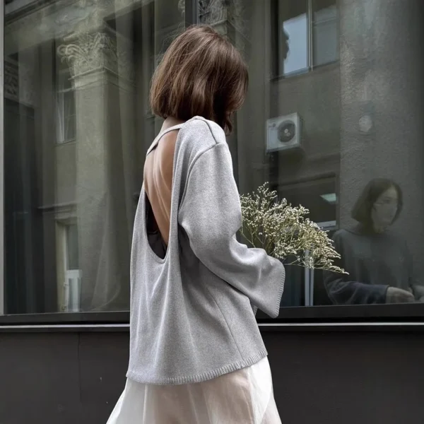 Maglione lavorato a maglia di cotone con scollo a O senza schienale originale Autunno e inverno da donna Maglione casual da ufficio quotidiano semplice, morbido, caldo, elastico 6