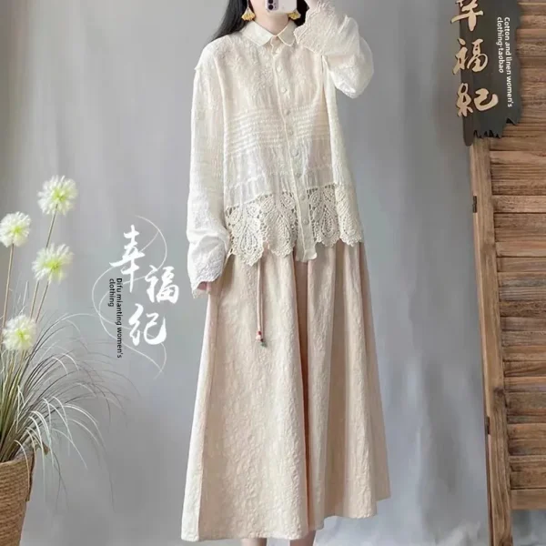 Camicia elegante patchwork in pizzo ricamato in cotone con colletto ampio a maniche lunghe e bottone singolo per donna Moda primavera autunno 4