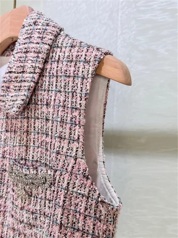 Abito da donna elegante finto in due pezzi patchwork di tweed a pieghe senza maniche colletto rovesciato mini vestaglia di lusso da donna con fasce 4
