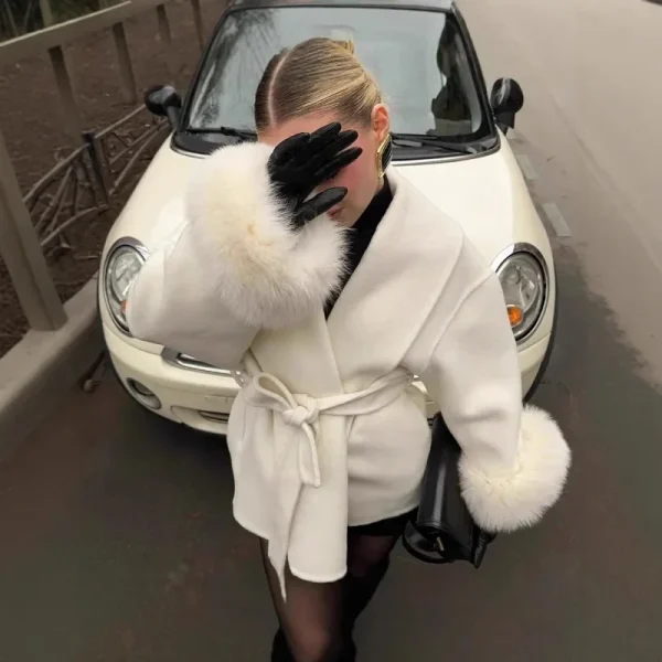 2025 Autunno Inverno Chic Risvolto Cappotto di peluche con cintura Donna Vintage Manica in pelliccia sintetica Tweed Cappotti aperti Donna Casual Street Outwear 5