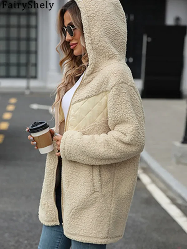 FairyShely 2025 Inverno Solido Patchwork Giacca da donna Spessa peluche con cappuccio Caldo manica lunga Cappotto lungo Cardigan con cerniera morbida Cappotto da donna 4