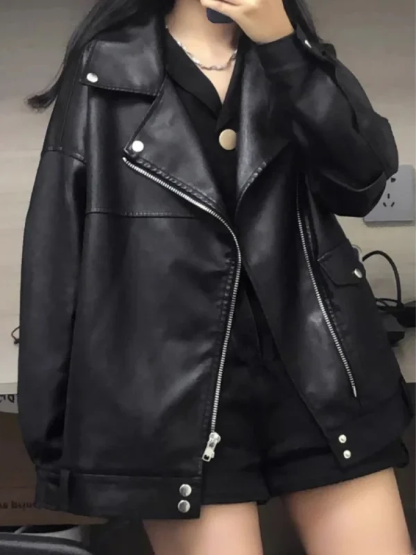 Autunno Inverno Moda Donna Tinta unita Capispalla causale allentato Giacche in pelle PU nera Giacche in ecopelle per moto europea 2