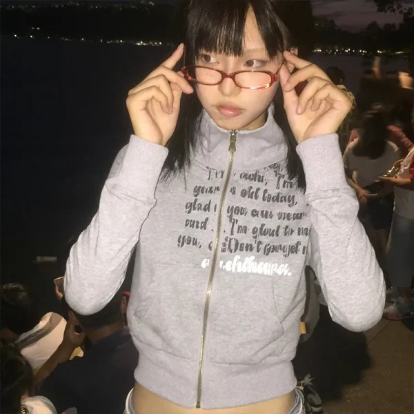 Karrram giacca corta giapponese Y2k Vintage Harajuku cappotto corto American Retro Letter Print felpa con cerniera Grunge capispalla 4