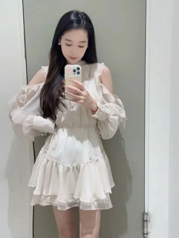 Abito da donna a maniche lunghe con spalle scoperte Abiti con volant Primavera Tunica con lacci Abiti Stile giapponese Vestido 2025 Nuovo Ropa Mujer 5