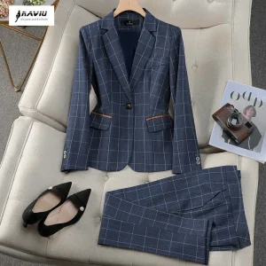NAVIU Khaki Blu Plaid Abiti Donna Primavera 2025 Nuovo Prfessional High End Casual Blazer e Pantaloni Set Office Lady Abbigliamento da lavoro 1