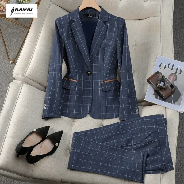 NAVIU Khaki Blu Plaid Abiti Donna Primavera 2025 Nuovo Prfessional High End Casual Blazer e Pantaloni Set Office Lady Abbigliamento da lavoro 1