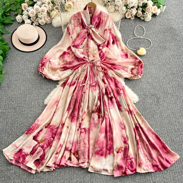 2025 Nuovo francese retrò pizzo con fiocco scollo a V manica lanterna Maxi abito da donna Casual Vintage Fashion Party grande gonna lunga altalena 2