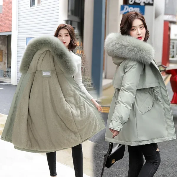 Parka da donna moda cappotto lungo fodera in lana Parka con cappuccio 2025 nuova giacca invernale sottile con collo in pelliccia abbigliamento da neve caldo imbottito 3