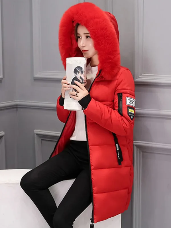 Parka da donna con collo in pelliccia invernale con cappuccio, lettera di moda, tasche con cerniera, design, giacca lunga, cappotti femminili spessi caldi e sottili 6