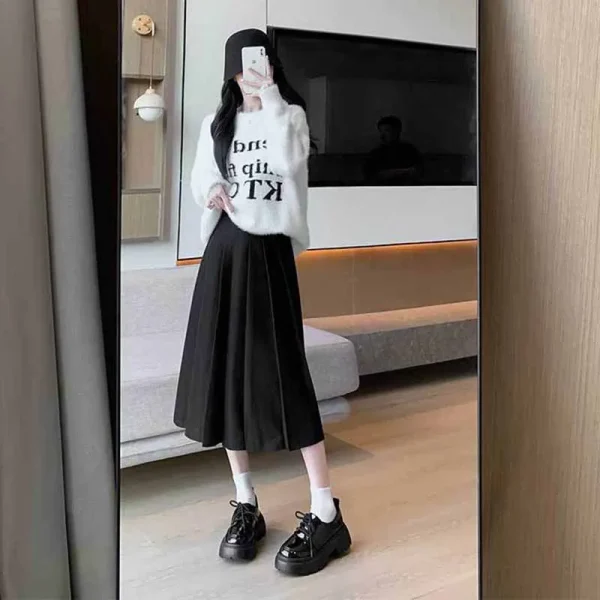 2025 nuove gonne a pieghe a vita alta per le donne autunno inverno addensare gonne di lana femminile stile college pieghe gonna lunga a-line 3