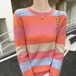 Moda 100% lana merino O-Collo lavorato a maglia maglione a righe colorate maniche lunghe pullover cashmere basic morbido abbigliamento casual Top 1