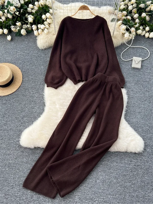 SINGREINY 2025 Inverno Spessore Abiti da donna Maglione allentato Top + Vita alta Gambe larghe Pantaloni lunghi Autunno Solido Causale Caldo Set da 2 pezzi 3