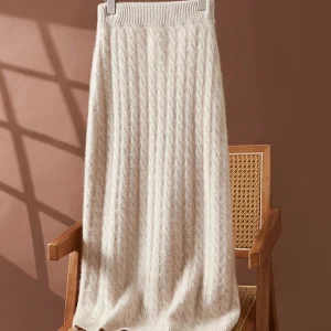 Autunno Inverno 100% Gonna in cashmere Donna Soild a metà polpaccio Vita alta Twist Flower Fit Abito lavorato a maglia dimagrante Leggero Lusso Elegante 1