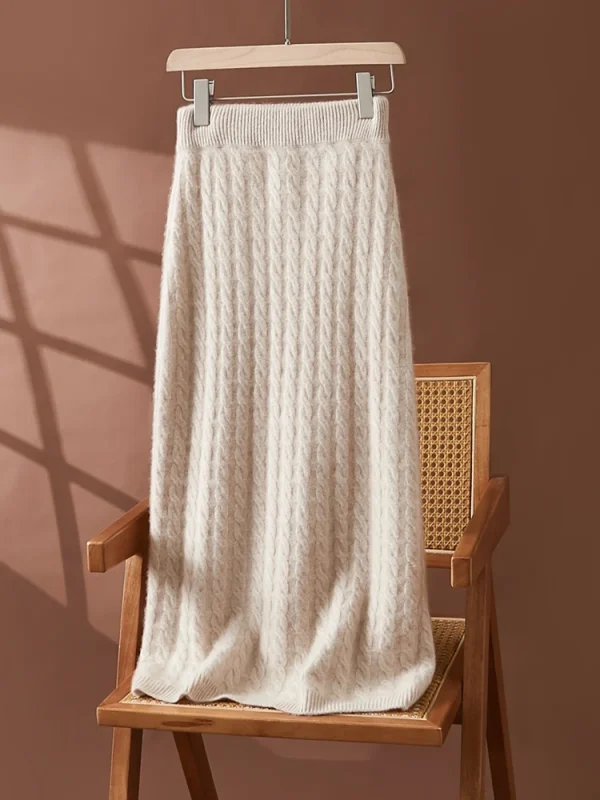 Autunno Inverno 100% Gonna in cashmere Donna Soild a metà polpaccio Vita alta Twist Flower Fit Abito lavorato a maglia dimagrante Leggero Lusso Elegante 1