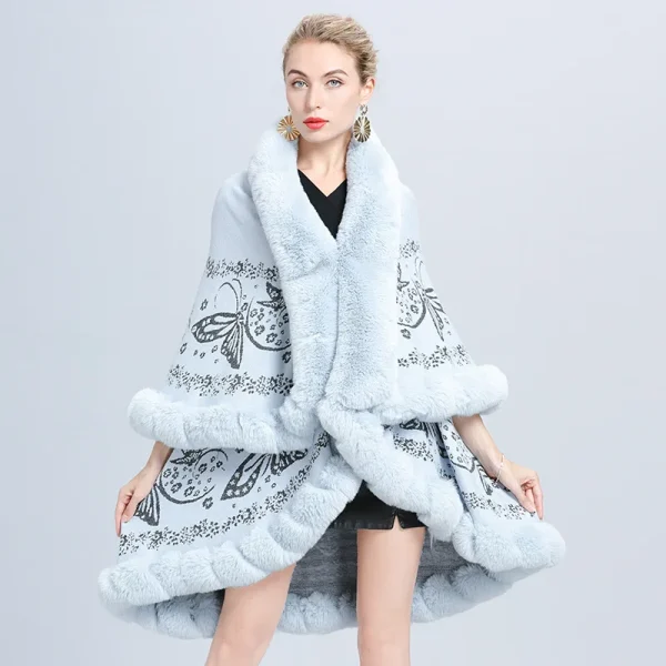 Cardigan invernale in pelliccia di volpe sintetica Poncho caldo Mantello allentato Scialle lavorato a maglia Cappotto oversize da donna Mantello spesso in tessuto jacquard a due strati 6