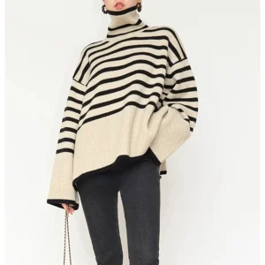 2025 Pullover dolcevita a righe da donna Maglioni con spacco laterale a colori a contrasto a costine Autunno Inverno Y2K Chic High Street Top lunghi 1