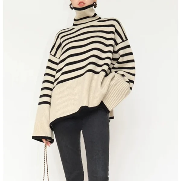 2025 Pullover dolcevita a righe da donna Maglioni con spacco laterale a colori a contrasto a costine Autunno Inverno Y2K Chic High Street Top lunghi 1