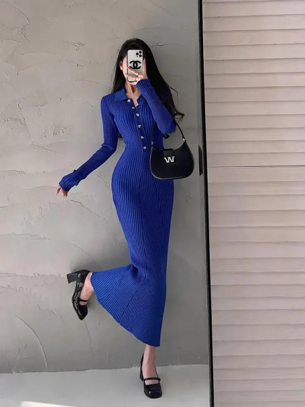 Eleganti abiti da festa per le donne 2023 abito autunno inverno elastico a maniche lunghe Slim Vintage Basic Knit Dress Y2k 5
