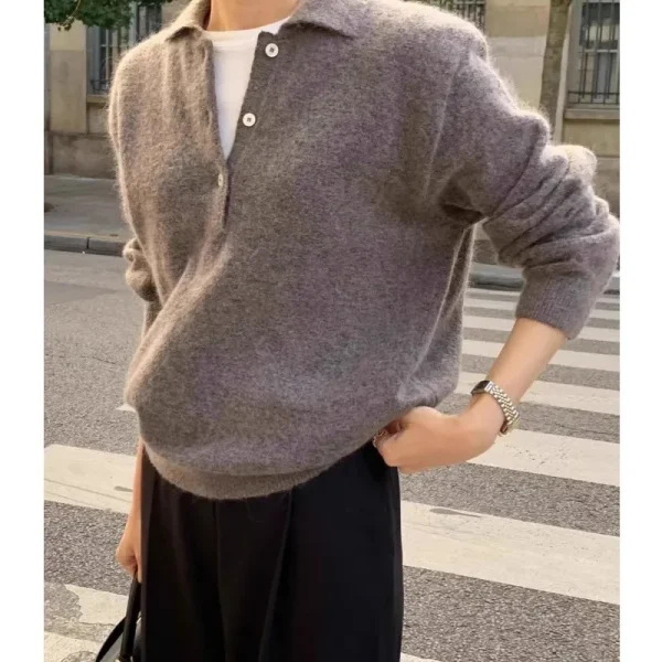 Elegante risvolto POLO con fibbia maglione in puro cashmere 100 versatile maglione autunnale e invernale da donna base lavorata a maglia in lana sciolta 4