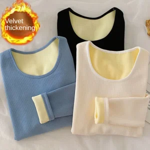 Warm O Neck Long Sleeve Tops Winter Women T Shirts Thread Casual Slim Solid Color Simple Add Fleece and Thicken T-Shirts 1