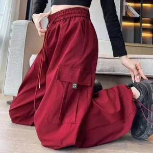 Pantaloni da lavoro rossi casual stile americano Pantaloni da donna a vita alta primavera estate Pantaloni sportivi larghi a gamba larga 1