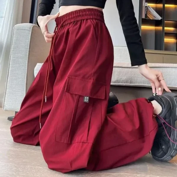 Pantaloni da lavoro rossi casual stile americano Pantaloni da donna a vita alta primavera estate Pantaloni sportivi larghi a gamba larga 1