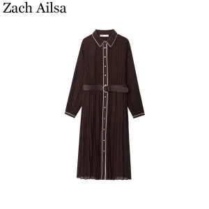 Abito MIDI plissettato patchwork con risvolto e cintura da donna nuovo autunno 1