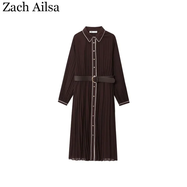 Abito MIDI plissettato patchwork con risvolto e cintura da donna nuovo autunno 1